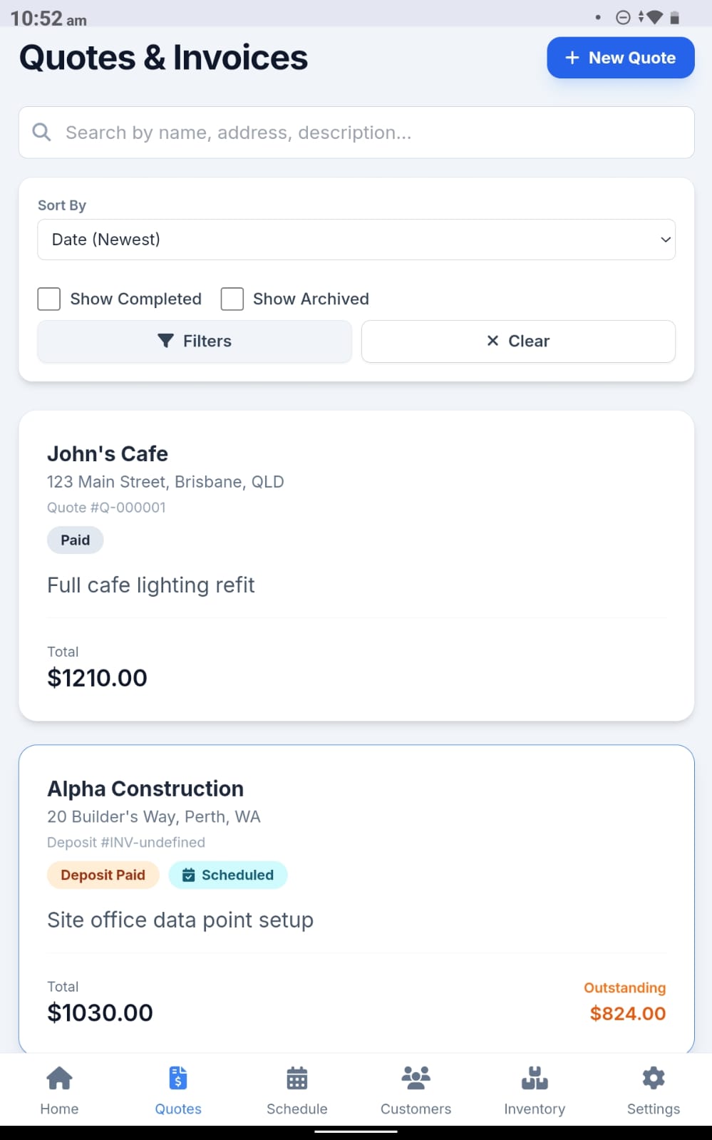 TradieQuote Schedule on a tablet